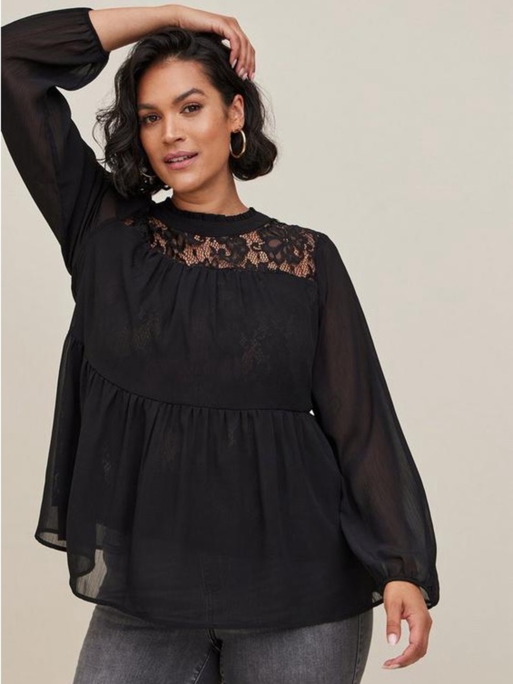 New Torrid Black Lace with Chiffon Overlay Blouse 2x